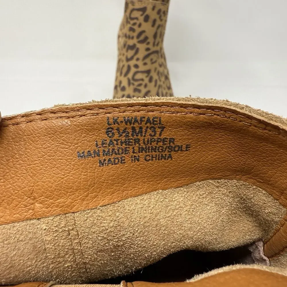 Lucky Brand Wedge Ankle Boots 6.5M Leopard Suede Leather Safari Pull On Mob Wife